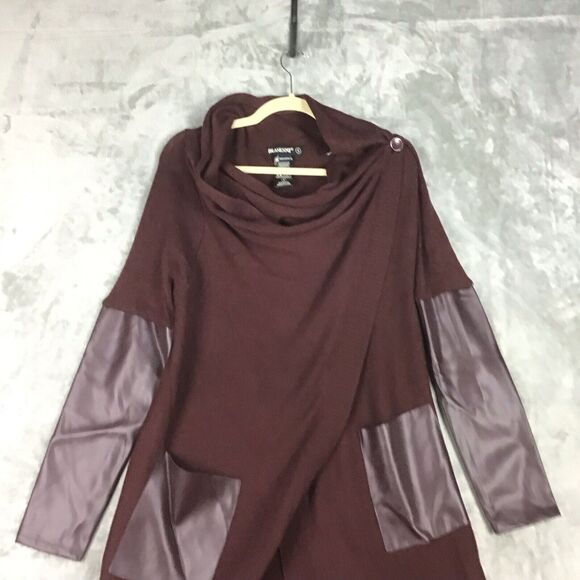 Blank NYC Women’s Size S Maroon Faux Leather Panel Drape Cardigan Sweater - Picture 8 of 14